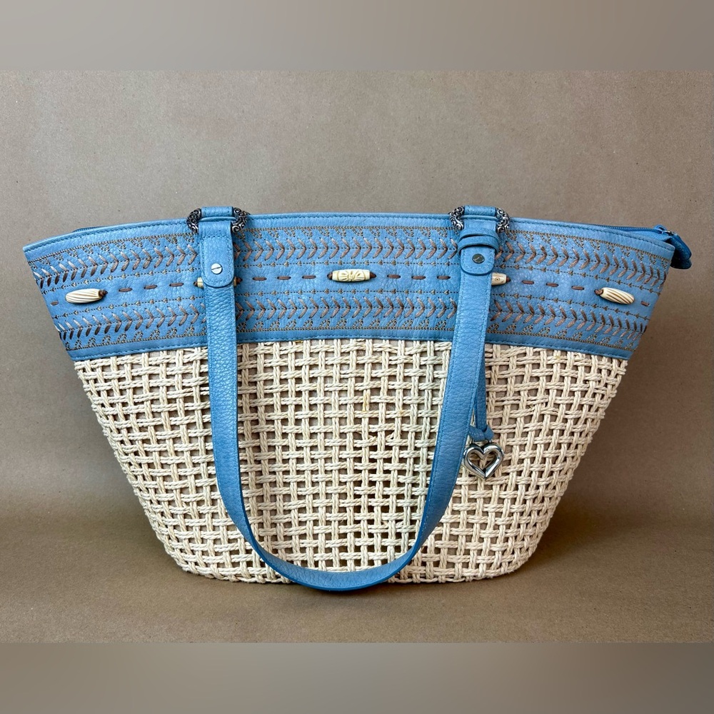 Vintage Brighton straw and blue embroidered leather tote with silver hardware